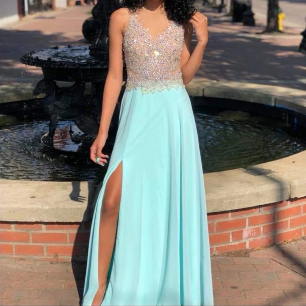 Aqua & Silver Crystallized Prom Dress